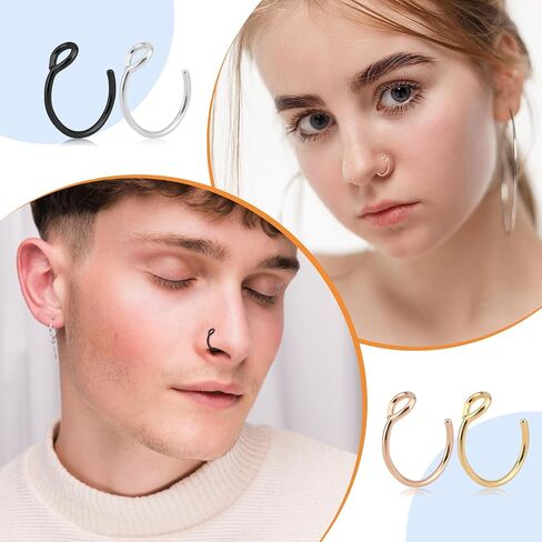 Oubaka 24PCS Fake Nose Ring Hoop Clip On, 20G Stainless Steel Nose Piercing Faux Noses Septum Ring Jewelry Fake Lip Hoop Rings Non Piercing Lip Rings for Women Men(4 Colors) in Kuwait
