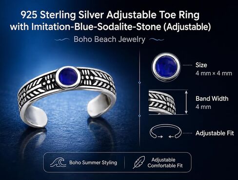 925 Sterling Silver Adjustable Toe Ring, Imitation-Blue-Sodalite-Stone, Tiny Boho Summer Beach Jewelry (Adjustable) in Kuwait