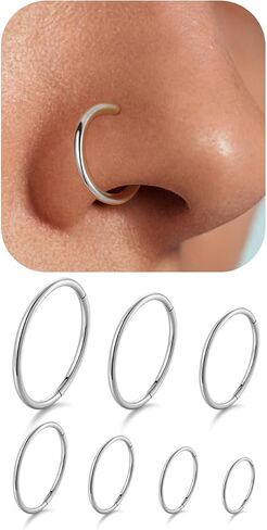 Titanium Nose Ring Hoop Earrings Set - 7 Sizes 18G Nose Rings for Women Men Sensitive Skin, Septum Rings, Cartilage Earring Helix Tragus Conch Daith Rook Lip Nostril Piercing Jewelry, 5mm-12mm in Saudi Arabia
