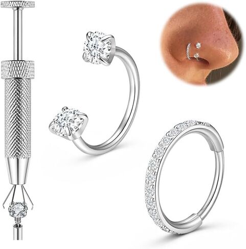 Titanium Horseshoe Nose Ring, 20g 18g Double Gem Horse Shoe Nose Ring Hoop With Tool for Women Men Hypoallergenic Gold Silver Cartilage Helix Tragus Hoop Earring Nostril Piercing Jewelry 7mm 8mm in Kuwait