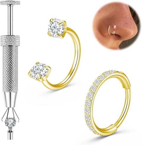 Titanium Horseshoe Nose Ring, 20g 18g Double Gem Horse Shoe Nose Ring Hoop With Tool for Women Men Hypoallergenic Gold Silver Cartilage Helix Tragus Hoop Earring Nostril Piercing Jewelry 7mm 8mm in Kuwait
