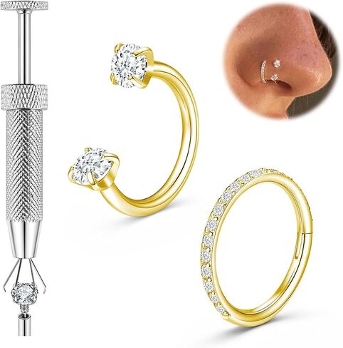 Titanium Horseshoe Nose Ring, 20g 18g Double Gem Horse Shoe Nose Ring Hoop With Tool for Women Men Hypoallergenic Gold Silver Cartilage Helix Tragus Hoop Earring Nostril Piercing Jewelry 7mm 8mm in Kuwait