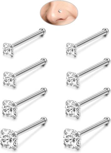 8Pcs 20G Gold/Silver Nose Studs Set - Hypoallergenic Surgical Steel Straight Nose Rings Studs with Multi Size Sparkle CZ 1.5mm-3.0mm Body Piercing Jewelry for Sensitive Skin, Daily Wear for Women & Men in Saudi Arabia