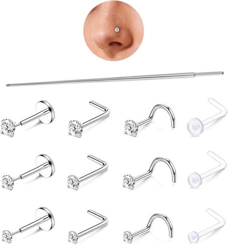 Nose Rings Studs Set, Flat Back Threadless Nose Stud Kit for Women Men, Surgical Steel Corkscrew L Shaped Clear Nose Studs, Hypoallergenic Cartilage Tragus Helix Lip Piercing Jewelry 16G 18G 20G in Kuwait