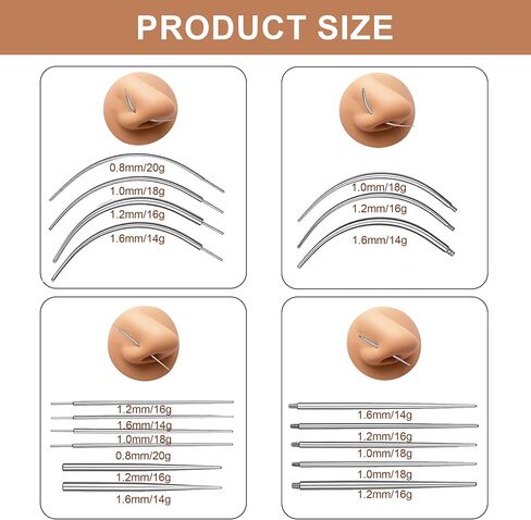 18 pcs Piercing Taper Set Insertion Pin Stretching Kit 14g 16g 18g 20g Stainless Steel Flat Back Earring Insertion Tool,Helix and Piercing Changing Kit for Ear Nose Lip Tongue Navel (Straight, Curved Needles) in Saudi Arabia