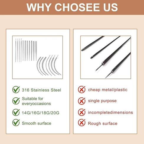 18 pcs Piercing Taper Set Insertion Pin Stretching Kit 14g 16g 18g 20g Stainless Steel Flat Back Earring Insertion Tool,Helix and Piercing Changing Kit for Ear Nose Lip Tongue Navel (Straight, Curved Needles) in Saudi Arabia