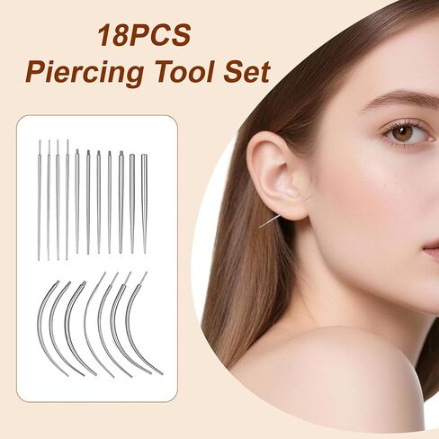 18 pcs Piercing Taper Set Insertion Pin Stretching Kit 14g 16g 18g 20g Stainless Steel Flat Back Earring Insertion Tool,Helix and Piercing Changing Kit for Ear Nose Lip Tongue Navel (Straight, Curved Needles) in Saudi Arabia