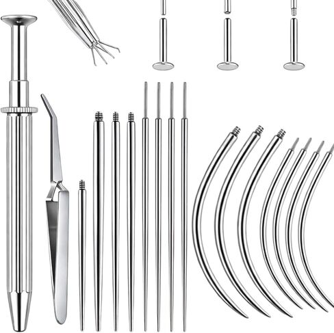 Body Jewelry Insertion Tool, 17 Pack Stainless Steel Piercing Ball Grabber Tool, Internal Thread, External Thread and Threadless Lip Piercing Tool for Ear, Nose, Belly Button, Nipple, Lip, Eyebrow and Tongue, Flat Back Earring Tool-14G 16G 18G 20G in Saudi Arabia