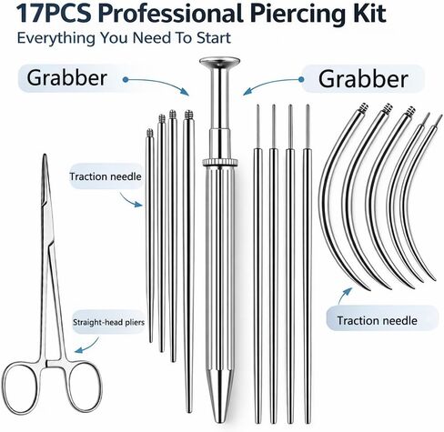 Body Jewelry Insertion Tool, 17 Pack Stainless Steel Piercing Ball Grabber Tool, Internal Thread, External Thread and Threadless Lip Piercing Tool for Ear, Nose, Belly Button, Nipple, Lip, Eyebrow and Tongue, Flat Back Earring Tool-14G 16G 18G 20G in Saudi Arabia