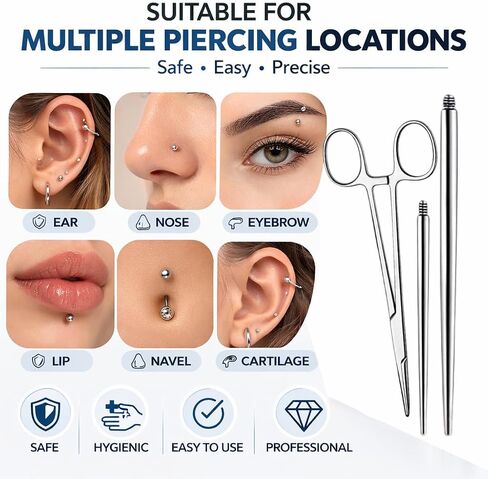 Body Jewelry Insertion Tool, 17 Pack Stainless Steel Piercing Ball Grabber Tool, Internal Thread, External Thread and Threadless Lip Piercing Tool for Ear, Nose, Belly Button, Nipple, Lip, Eyebrow and Tongue, Flat Back Earring Tool-14G 16G 18G 20G in Saudi Arabia
