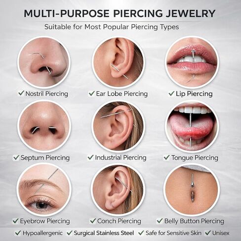 Body Jewelry Insertion Tool, 17 Pack Stainless Steel Piercing Ball Grabber Tool, Internal Thread, External Thread and Threadless Lip Piercing Tool for Ear, Nose, Belly Button, Nipple, Lip, Eyebrow and Tongue, Flat Back Earring Tool-14G 16G 18G 20G in Saudi Arabia