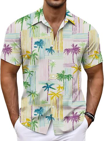 Men's Hawaiian Shirts Summer Casual Short Sleeve Button Down Shirts Novelty Floral Tops Tropical Beach Clothes in Saudi Arabia