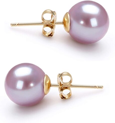 AAAA Grade 7mm Lavender Japanese Freshwater Cultured Pearl Stud Earrings, Solid 14k Yellow Gold, Natural Color Round, Gift Box and Certificate in Saudi Arabia