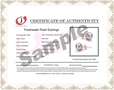 AAAA Grade 7mm Lavender Japanese Freshwater Cultured Pearl Stud Earrings, Solid 14k Yellow Gold, Natural Color Round, Gift Box and Certificate in Saudi Arabia