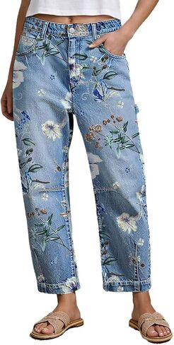 Flamingals Mid Rise Barrel Leg Jeans for Women Wash Floral Print Flap Casual Denim Jeans with Pockets in Kuwait