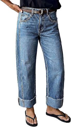 Flamingals Mid Rise Straight Leg Jeans for Women Wash Seam Front Roll Raw Hem Denim Pants Without Belt in Kuwait