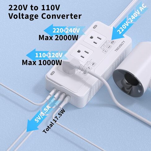 2000W Voltage Converter US to Europe for Hair Dryer, 220V to 110V Converter for European Travel Plug Adapter with 3 AC 2 USBC 2 USBA Ports, Travel Essential with EU UK IT AU Plug (White) in Saudi Arabia