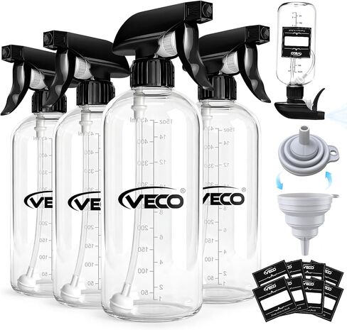 Veco 500mL (17oz) Graduated Spray Bottles, 4-Pack — 360° Any-Angle Spraying for Easy Dilution, Leak-Resistant spray bottles for Cleaning, Plants, Hair & Pet Use + Foldable Funnel in Saudi Arabia