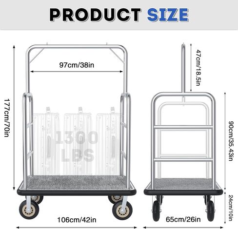 42 * 26IN Hotel Luggage Cart with Top Frame and Hook, 1300 LBS Load Capacity, Platform Truck with Front Frame and 7-inch Rubber Wheels, Ideal for Travel, Resorts, Conference in Kuwait
