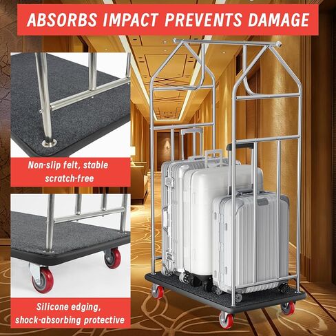 48 * 22IN Hotel Luggage Cart with Wheels,1200 lbs Load Capacity Heavy Duty Rolling Luggage Cart,Commercial Bellman Cart with Anti-Friction Felt Pad & Rubber Bumper for Hotels,Resorts, Condos in Saudi Arabia