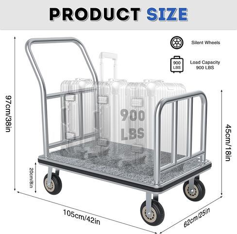 Heavy Duty Luggage Cart - 8" Wheels with Brackets, Commercial Grade Hotel Luggage Trolley, Deluxe Rectangular Steel Bellman Cart with Platform for Hotels Use (38"X 42" X 25") in Saudi Arabia