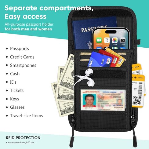 XIEEAOZEE Passport Holder, RFID Blocking Travel Wallet for Women & Men, Slim & Light Waterproof Neck Pouch, Hidden and Secure Passport Wallet (Black) in Kuwait