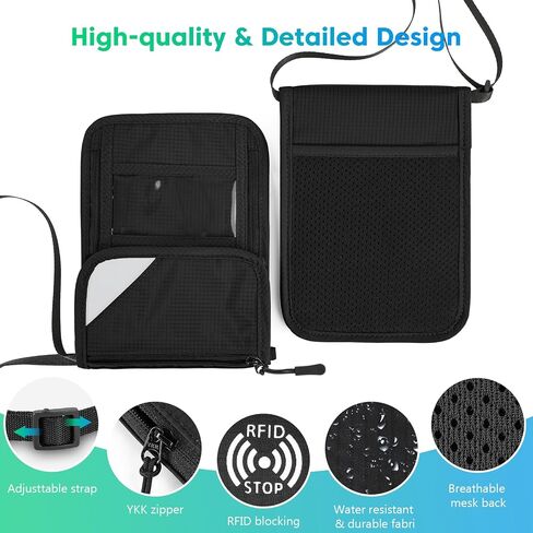 XIEEAOZEE Passport Holder, RFID Blocking Travel Wallet for Women & Men, Slim & Light Waterproof Neck Pouch, Hidden and Secure Passport Wallet (Black) in Kuwait