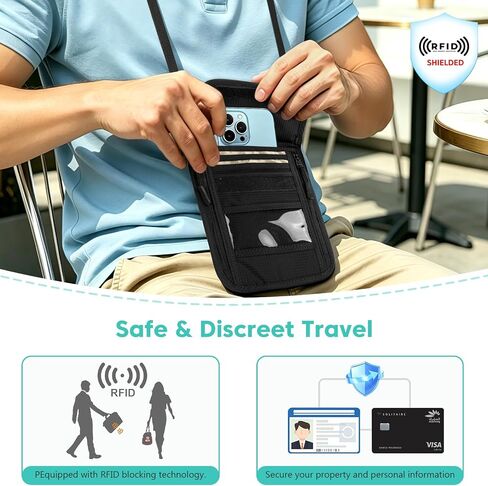 XIEEAOZEE Passport Holder, RFID Blocking Travel Wallet for Women & Men, Slim & Light Waterproof Neck Pouch, Hidden and Secure Passport Wallet (Black) in Kuwait