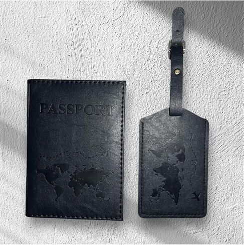 SODEF Passport Holder and Luggage Tag Set Faux Leather Vertical Design for Casual Daily Use - Black in Saudi Arabia