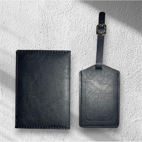 SODEF Passport Holder and Luggage Tag Set Faux Leather Vertical Design for Casual Daily Use - Black in Saudi Arabia