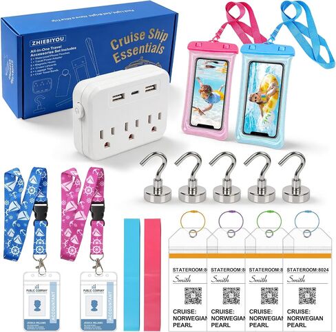 16Pcs Cruise Ship Essentials, Travel Cruise Must Haves with Power Plug Adapter, Includes Waterproof Phone Pouches, Luggage Tags, Lanyard Card Holders, Towel Bands for Beach Chair and Magnetic Hooks in Saudi Arabia