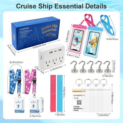 16Pcs Cruise Ship Essentials, Travel Cruise Must Haves with Power Plug Adapter, Includes Waterproof Phone Pouches, Luggage Tags, Lanyard Card Holders, Towel Bands for Beach Chair and Magnetic Hooks in Saudi Arabia