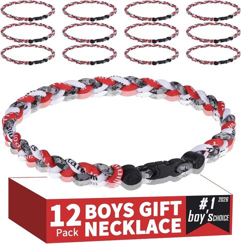 12 Pack Baseball Necklaces for Boys & Youth - 18 Inch Braided Titanium Sports Rope Necklace - Design for Team Party Favors, End of Season Gifts & Goodie Bags in Saudi Arabia