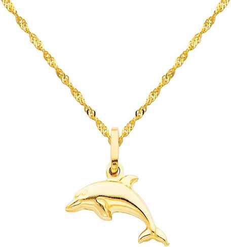 14k Yellow Gold Dolphin Charm Pendant with 1.2mm Singapore Chain Necklace in Saudi Arabia