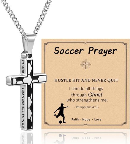 Sereney Sport Gifts for Boys as Cross Necklace for Him, Stainless Steel 4 13 Baseball Soccer Necklace Pendant Christian Religious Gifts for Boys in Kuwait