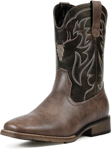 Cowboy Boots for Men Square Toe Western Boots Slip Resistant Country Boot Retro Classic Embroidered Pull On Boot for Festivals and Gift-giving in Saudi Arabia