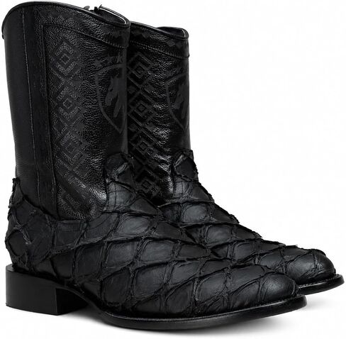 Joe Boots Men’s Pirarucu Leather Print Boot – 3/4 Mid-Calf Round Toe, Cowboy Western Boot with Side Zipper –Leather Outsole Black in Saudi Arabia