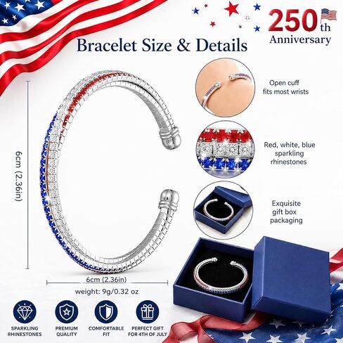 Mysense 4th of July Bracelets, Patriotic Red White Blue Cuff Bangle, USA 250th Anniversary Independence Day Accessories, Elastic Adjustable & Unisex Fashion Jewelry for 4th of July Outfits & Gifts(usa rhinestone bracelet) in Saudi Arabia