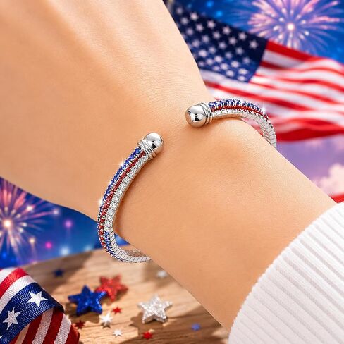 Mysense 4th of July Bracelets, Patriotic Red White Blue Cuff Bangle, USA 250th Anniversary Independence Day Accessories, Elastic Adjustable & Unisex Fashion Jewelry for 4th of July Outfits & Gifts(usa rhinestone bracelet) in Saudi Arabia