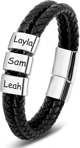 Custom Mens Bracelet with Famliy Name Adjustable Braided Leather Bracelets Personalized Fathers Day Dad Gifts from Daughter Son in Saudi Arabia