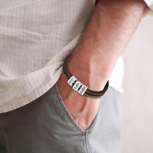 Custom Mens Bracelet with Famliy Name Adjustable Braided Leather Bracelets Personalized Fathers Day Dad Gifts from Daughter Son in Saudi Arabia