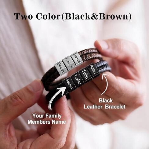 Custom Mens Bracelet with Famliy Name Adjustable Braided Leather Bracelets Personalized Fathers Day Dad Gifts from Daughter Son in Saudi Arabia