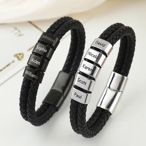 Custom Mens Bracelet with Famliy Name Adjustable Braided Leather Bracelets Personalized Fathers Day Dad Gifts from Daughter Son in Saudi Arabia