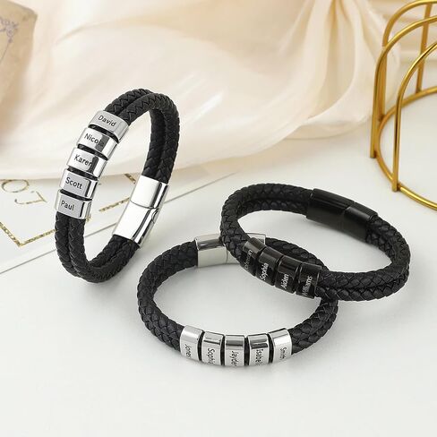 Custom Mens Bracelet with Famliy Name Adjustable Braided Leather Bracelets Personalized Fathers Day Dad Gifts from Daughter Son in Saudi Arabia
