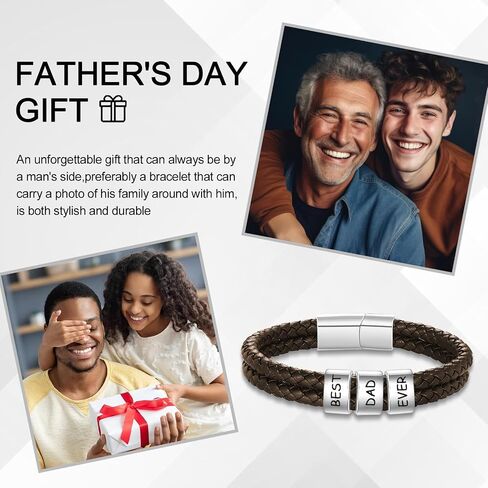 Custom Mens Bracelet with Famliy Name Adjustable Braided Leather Bracelets Personalized Fathers Day Dad Gifts from Daughter Son in Saudi Arabia