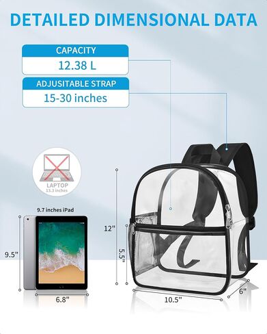 Paxiland Clear Backpack Stadium Approved 12×12×6 with Reinforced and Wider Shoulder Straps, Small Clear Bag for Schools, Concerts, Work, Festivals and Sporting Events - Black in Saudi Arabia