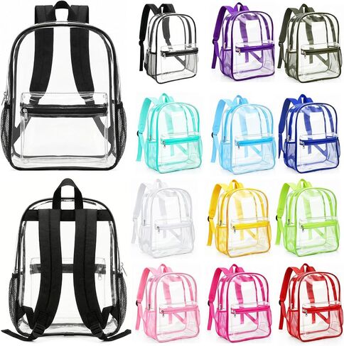 48-Pack 17'' Clear Backpacks for School – Transparent Bookbags Heavy Duty PVC Clear Bags with Reinforced Straps, Bulk Back Pack for Elementary, Middle & High School,12 Colors in Saudi Arabia