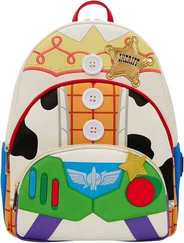 Loungefly Disney: Pixar - Toy Story 5 - to Infinity and Beyond - Woody, Jessie and Buzz Lightyear - Printed Denim Trim Triple Pocket Mid-Size Backpack – Gift for Kids & Adults – Collectible Bags in Kuwait