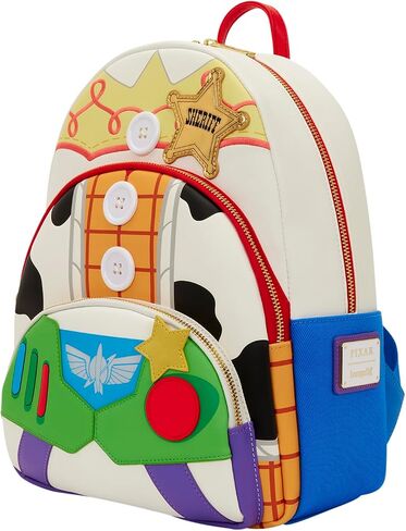 Loungefly Disney: Pixar - Toy Story 5 - to Infinity and Beyond - Woody, Jessie and Buzz Lightyear - Printed Denim Trim Triple Pocket Mid-Size Backpack – Gift for Kids & Adults – Collectible Bags in Kuwait