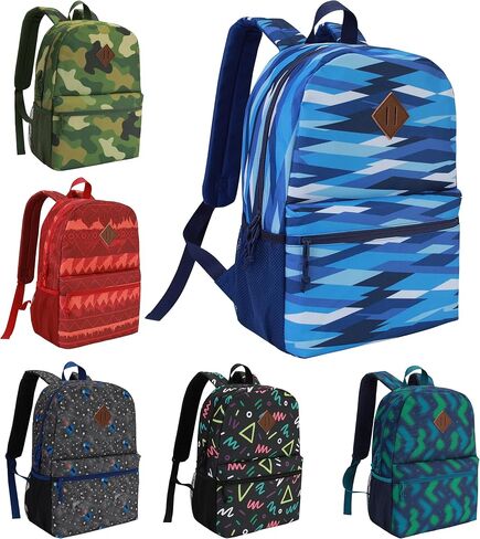 24-Pack 17" Bulk Backpacks for Middle School Students, Bookbags in 6 Assorted Prints, Durable School Backpacks for School Drives, Donations, and Giveaways in Kuwait